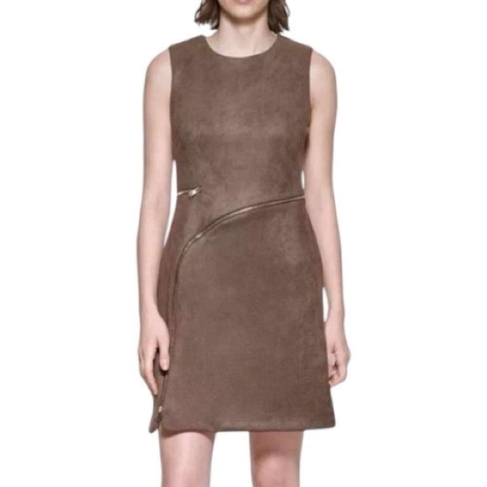 DKNY Womens Size 8 Light Brown Gold Zipper Accented Faux Micro Suede Shift Dress